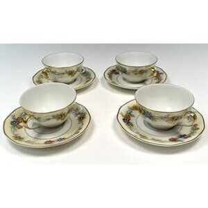 4x Theodore Haviland Limoges 1925-36 Miami Ivory Floral Porcelain TEACUP SAUCER